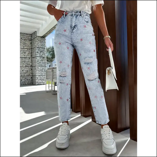 Get your Fame with Distressed Star Straight Jeans - Steal Hearts not Styles! 🌟👖 - Light Blue / l - on Sale Worldwide Shipping