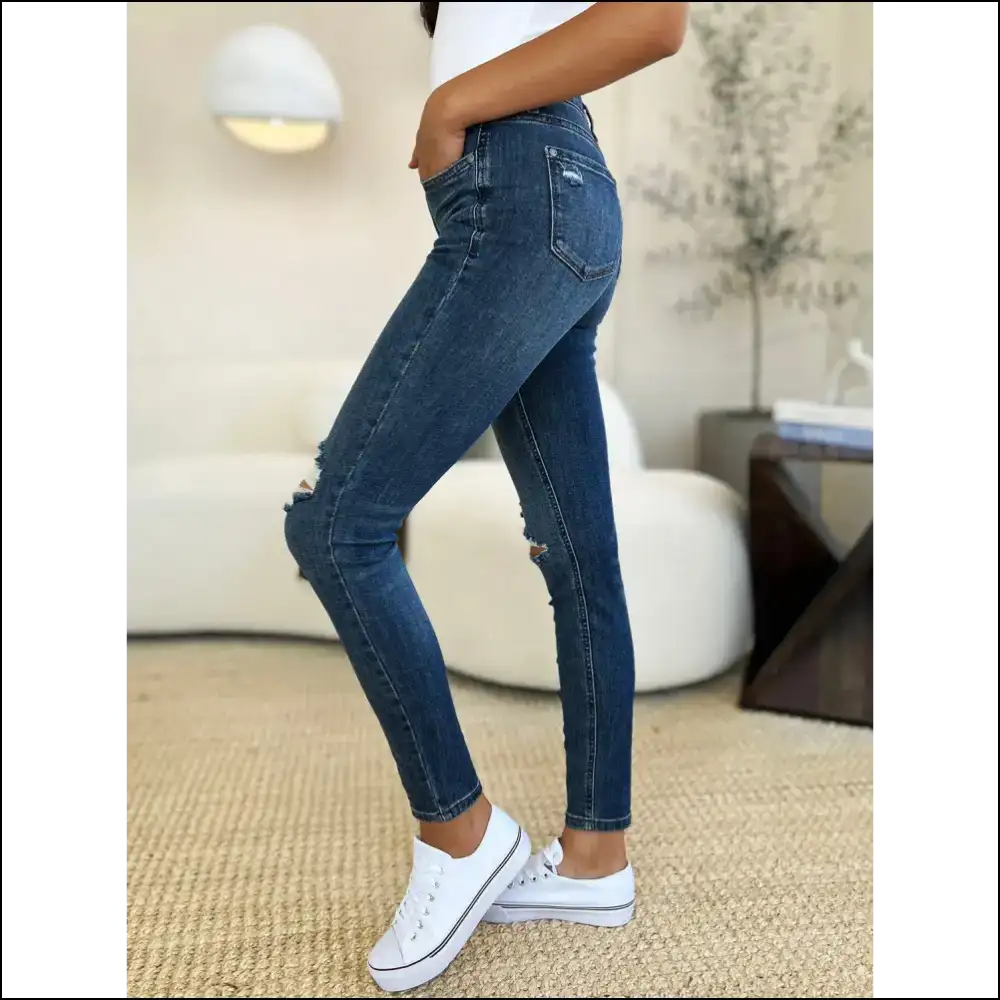 Get your Judy Blue Mid Waist Distressed Slim Jeans and Slay All Day! 💃😂 - on Sale Worldwide Shipping