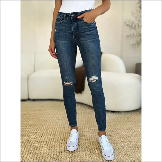 Get your Judy Blue Mid Waist Distressed Slim Jeans and Slay All Day! 💃😂 - Dark / 3 - on Sale Worldwide Shipping