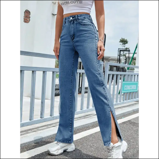Get your Slit Together: High Waist Jeans for Unapologetic Fashionistas! 😂✨ - Blue / Xs - on Sale Worldwide Shipping