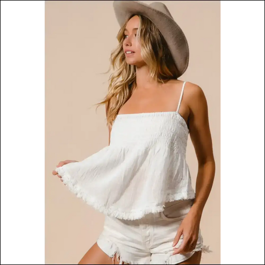 Get your Summer Sassy with Bibi Fringed Hem Smocked Cami! 😜 - White / s - Tank Tops on Sale Worldwide Shipping