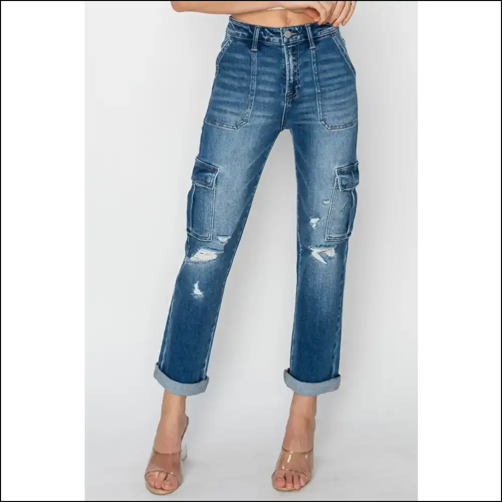 Get your Trendy High Rise Cargo Jeans and Elevate Anything but Ex’s Texts! 😂 - Dark / 0(24) - on Sale Worldwide Shipping