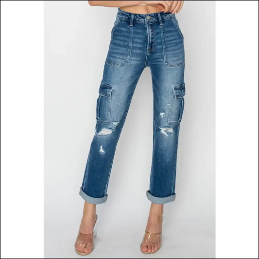 Get your Trendy High Rise Cargo Jeans and Elevate Anything but Ex’s Texts! 😂 - Dark / 0(24) - on Sale Worldwide Shipping