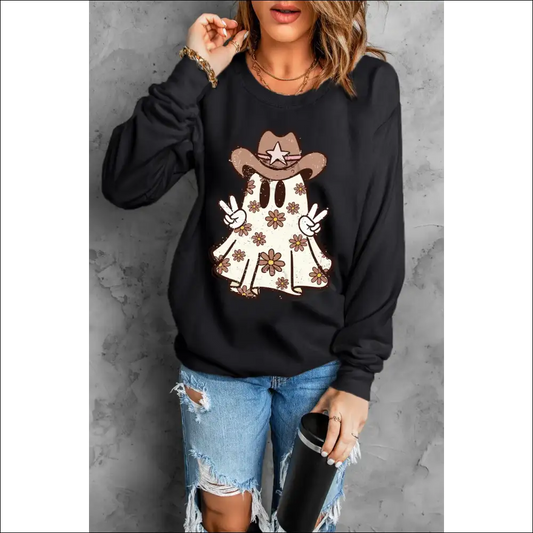 Hauntingly Chic Ghost Round Neck Long Sleeve Sweatshirt - Black / m - Sweatshirts & Hoodies on Sale Worldwide Shipping
