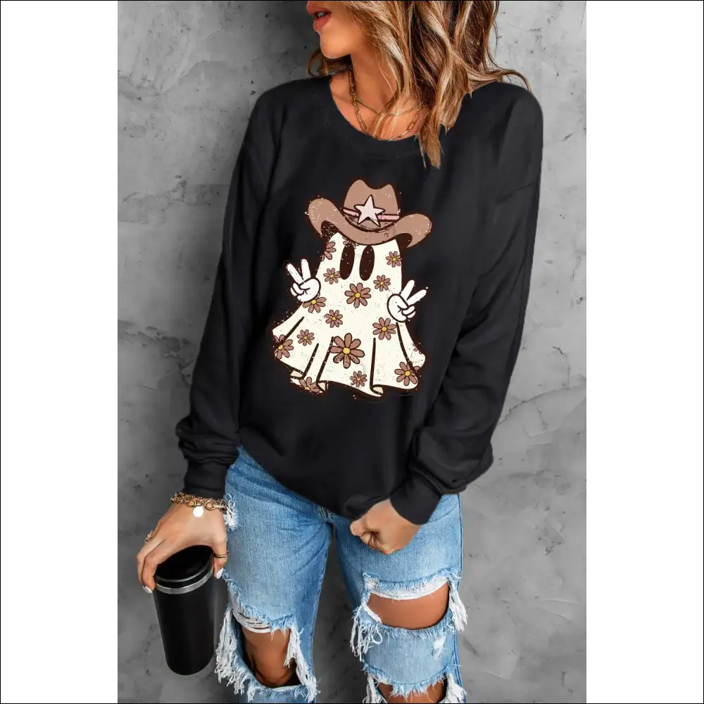 Hauntingly Chic Ghost Round Neck Long Sleeve Sweatshirt - Sweatshirts & Hoodies on Sale Worldwide Shipping