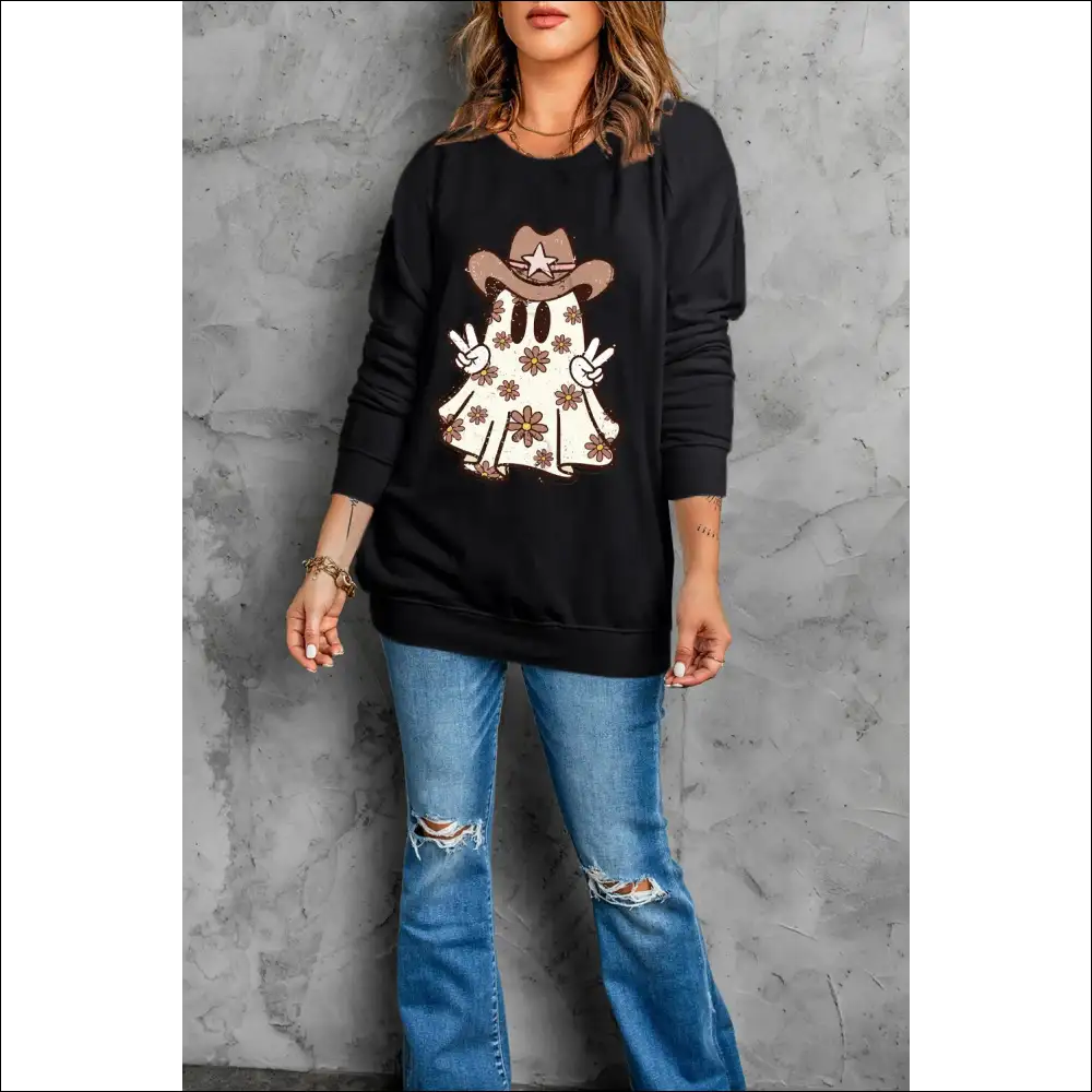 Hauntingly Chic Ghost Round Neck Long Sleeve Sweatshirt - Sweatshirts & Hoodies on Sale Worldwide Shipping