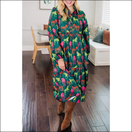 Giddy Up! Green Horse Print Dress for Needful Things Badasses 🐴💚 - 1x - Plus Size Dresses on Sale Worldwide Shipping