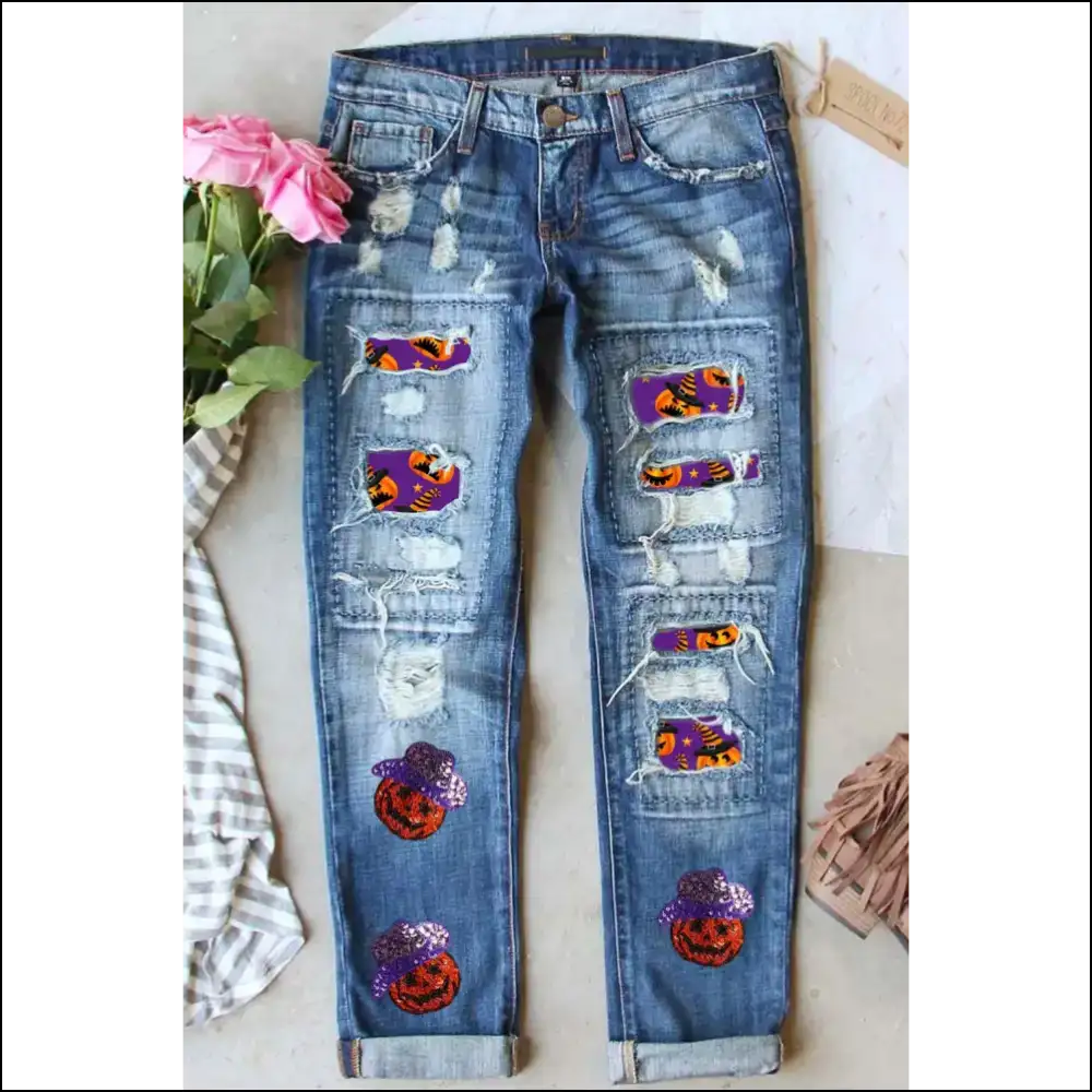 Glam Up your Fall with Distressed Sequin Pumpkin Jeans - Let the Sass Shine! ?🍂 - Medium / 6 - on Sale Worldwide Shipping