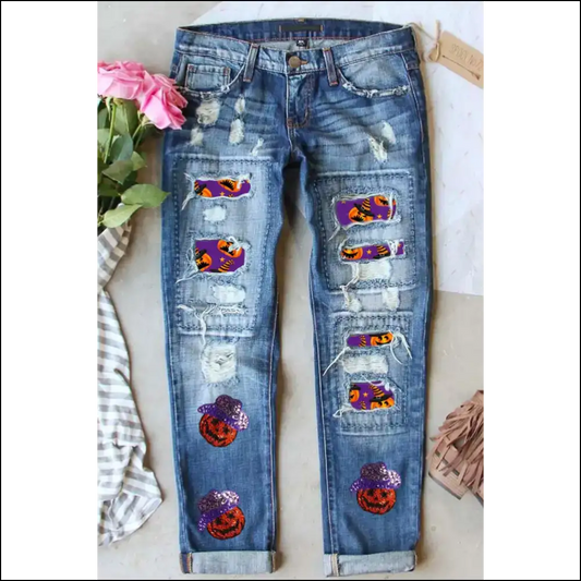 Glam Up your Fall with Distressed Sequin Pumpkin Jeans - Let the Sass Shine! ?🍂 - Medium / 6 - on Sale Worldwide Shipping