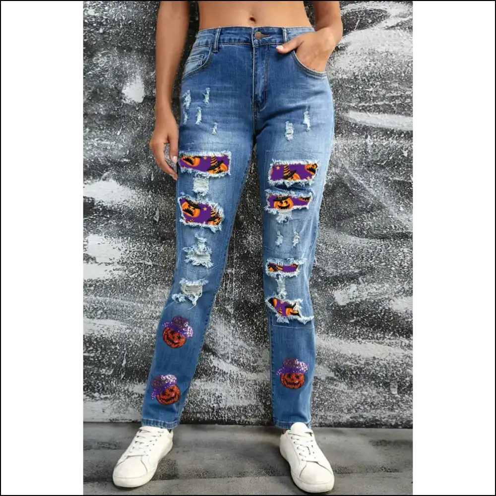Glam Up your Fall with Distressed Sequin Pumpkin Jeans - Let the Sass Shine! ?🍂 - on Sale Worldwide Shipping