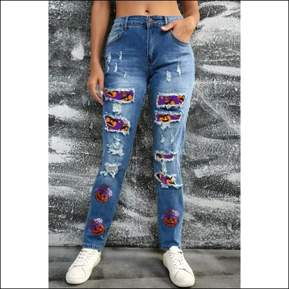 Glam Up your Fall with Distressed Sequin Pumpkin Jeans - Let the Sass Shine! ?🍂 - on Sale Worldwide Shipping