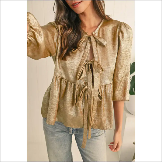 Gold Bowknot Puff Sleeve Blouse: Instant Diva 👑 - s - Blouses on Sale Worldwide Shipping