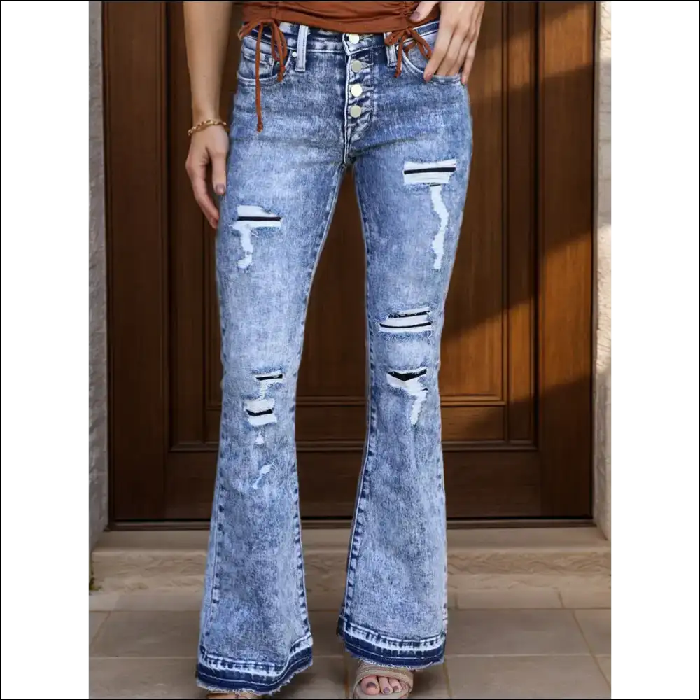 Got Distressed Button-fly Bootcut Jeans? Strut Like a Runway Model!👖✨ - Medium / l - Jeans on Sale Worldwide Shipping