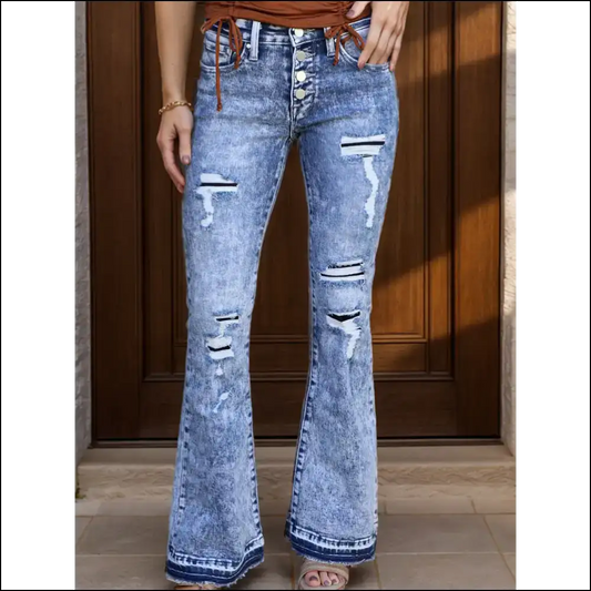 Got Distressed Button-fly Bootcut Jeans? Strut Like a Runway Model!👖✨ - Medium / l - Jeans on Sale Worldwide Shipping