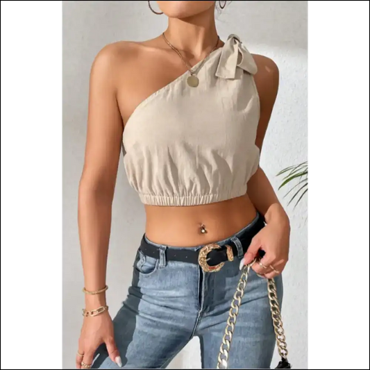 Grab Hearts & Sun in our Honey Cropped One-shoulder Striped Tie Tank! 💖 - Tank Tops on Sale Worldwide Shipping