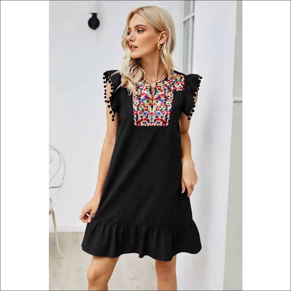 Chic Graphic Embroidered Ruffle Hem Dress - Black / l - Dresses on Sale Worldwide Shipping