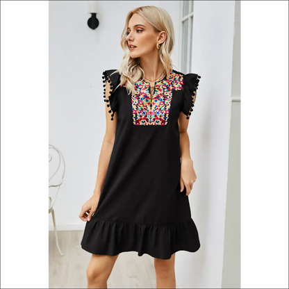 Chic Graphic Embroidered Ruffle Hem Dress - Black / l - Dresses on Sale Worldwide Shipping