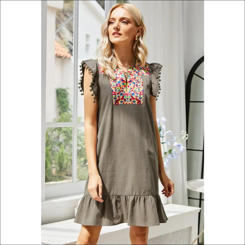 Chic Graphic Embroidered Ruffle Hem Dress - Dark Gray / l - Dresses on Sale Worldwide Shipping