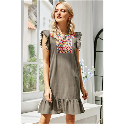 Chic Graphic Embroidered Ruffle Hem Dress - Dark Gray / l - Dresses on Sale Worldwide Shipping