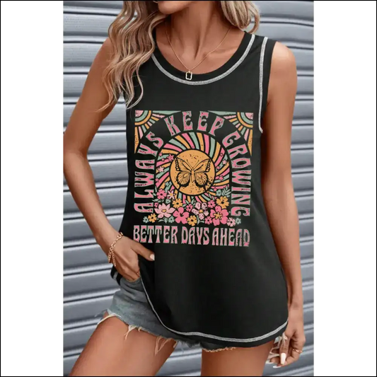 Graphic Round Neck Tank Top for Women - Black / s - Tops on Sale Worldwide Shipping