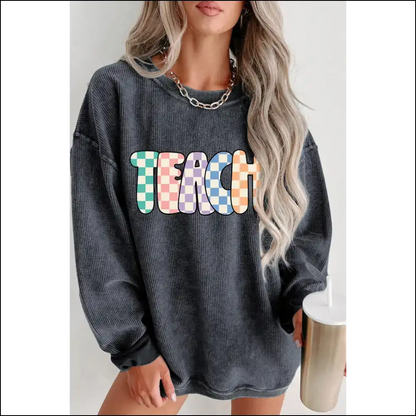 Gray Checkerboard Teach Sweatshirt: Needful Things 😜 - s - Graphic Sweatshirts & Hoodies on Sale Worldwide Shipping