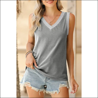 Gray Contrast Trim Tank: Needful Things’ V-neck of Victory 💀! Simply Taupe / s - Tank Tops on Sale Worldwide Shipping