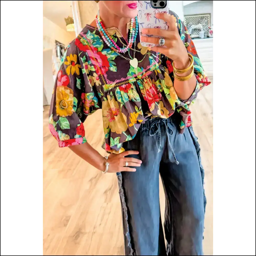 Gray Flower Embroidered Blouse Cloud Comfy Sharp Tack - Blouses on Sale Worldwide Shipping