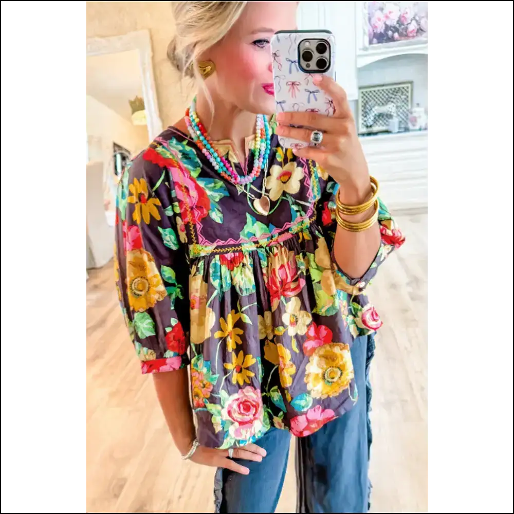 Gray Flower Embroidered Blouse Cloud Comfy Sharp Tack - Blouses on Sale Worldwide Shipping