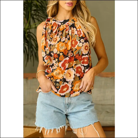 Grecian Neck Charm Tank with Tied Detail - Floral / s - Tops on Sale Worldwide Shipping