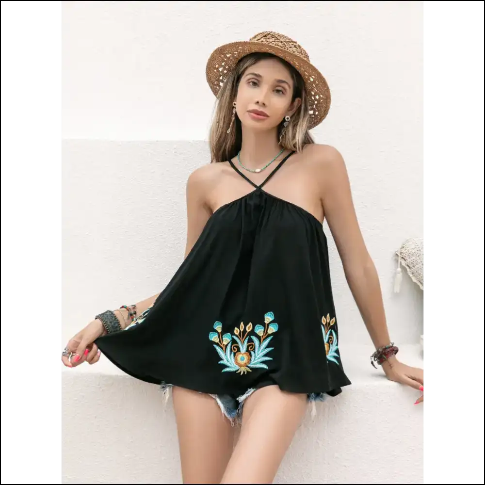 Grecian Neck Printed Cami Top - Black / m - Tank Tops on Sale Worldwide Shipping