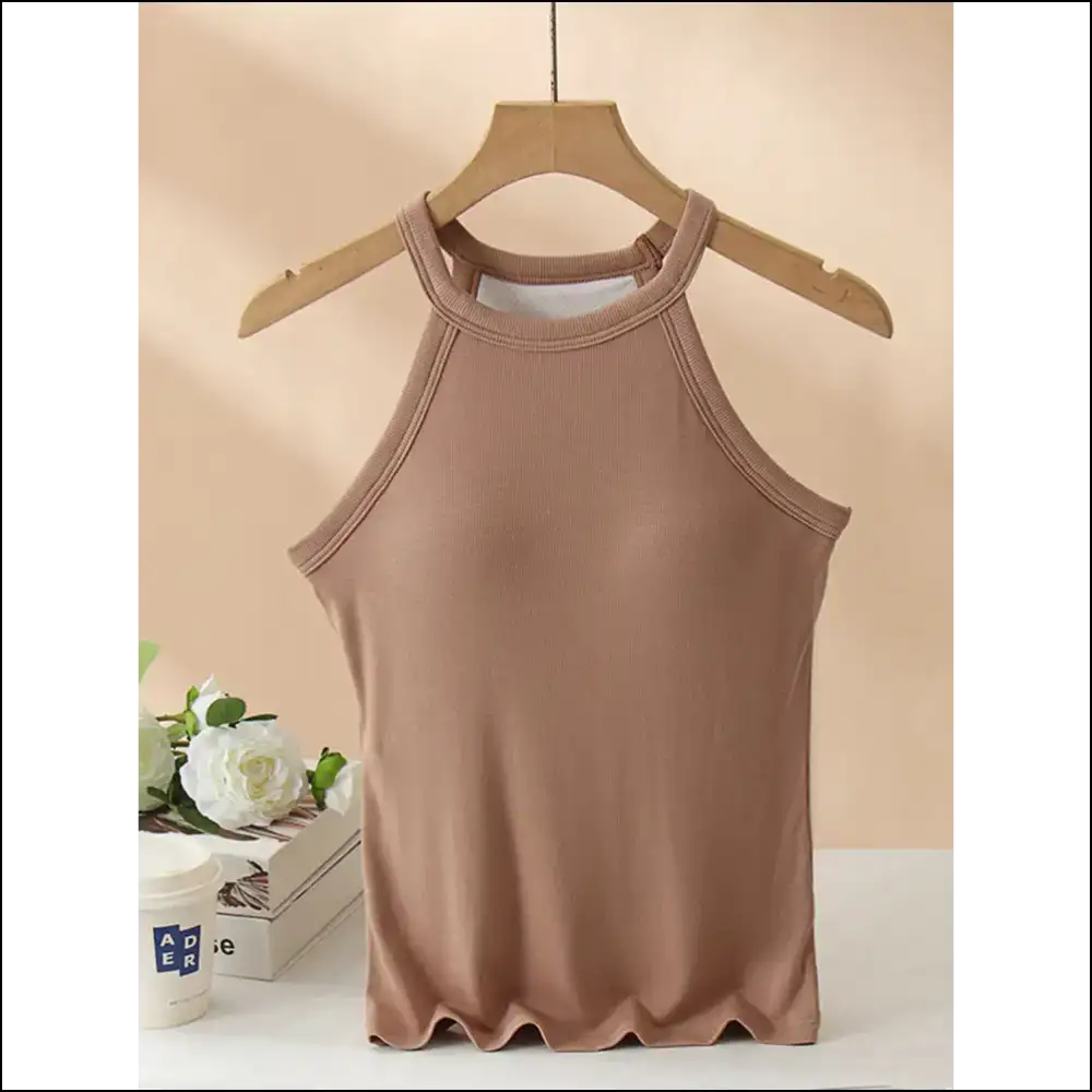 Grecian Neck Tank with Chest Pads - Chic Women’s Fashion - Camel / s - Tops on Sale Worldwide Shipping