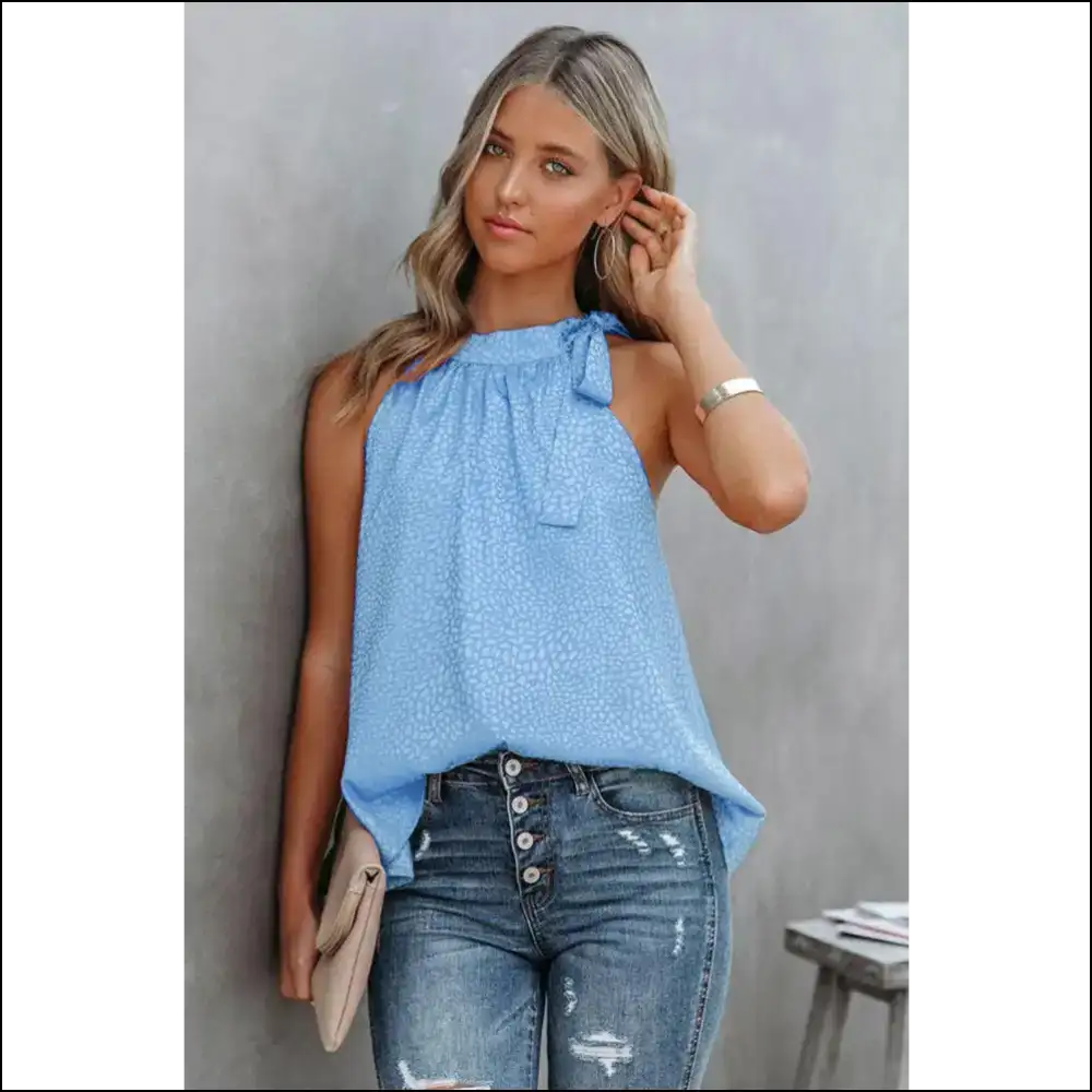 Grecian Neck Tie Tank Top - Light Blue / s - Tops on Sale Worldwide Shipping