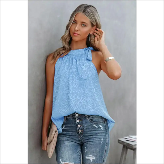 Grecian Neck Tie Tank Top - Light Blue / s - Tops on Sale Worldwide Shipping