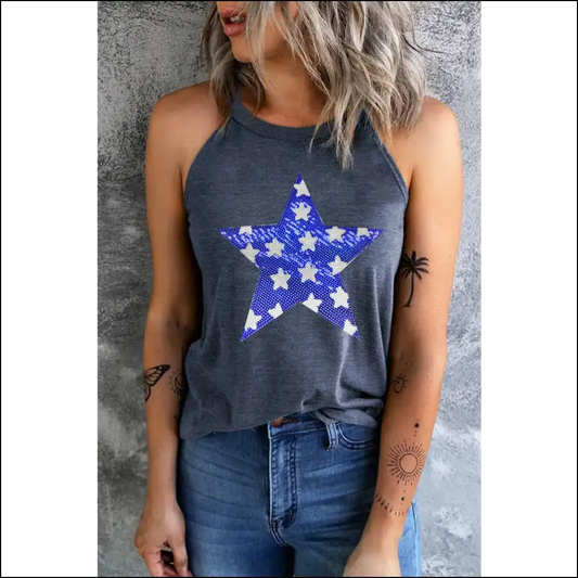 Grecian Sequin Star Neck Tank Top - Dark Gray / Xl - Tops on Sale Worldwide Shipping