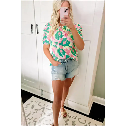 Green Abstract Print Frilled Neck Blouse: so Frilly It’s Absurd 💚 - Blouses on Sale Worldwide Shipping