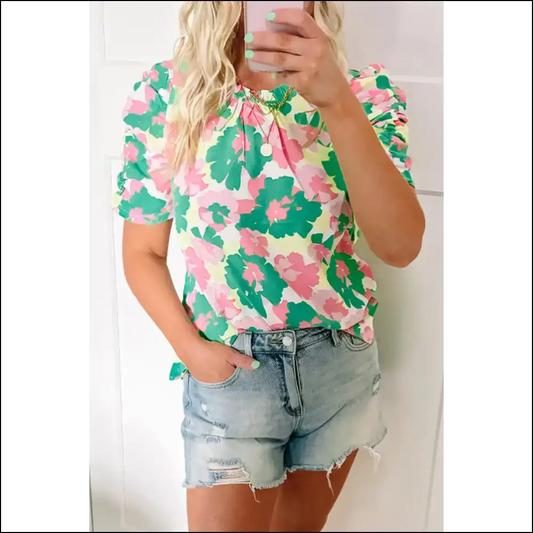 Green Abstract Print Frilled Neck Blouse: so Frilly It’s Absurd 💚 - s - Blouses on Sale Worldwide Shipping