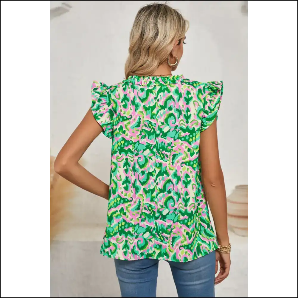 Green Abstract Print Ruffle: Nature’s Hug (needful Things) 🌿 - Sleeveless Tops Tank on Sale Worldwide Shipping