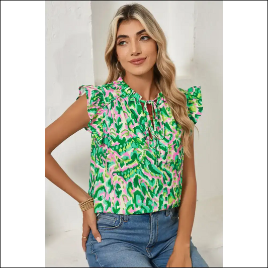 Green Abstract Print Ruffle: Nature’s Hug (needful Things) 🌿 - s - Sleeveless Tops Tank on Sale Worldwide Shipping