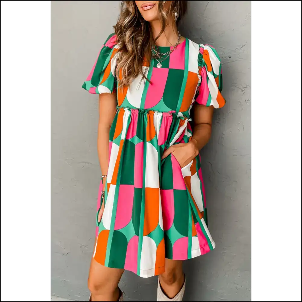 Green Abstract Puff Sleeve Short Dress: Runway Ready 😈 - Dresses on Sale Worldwide Shipping