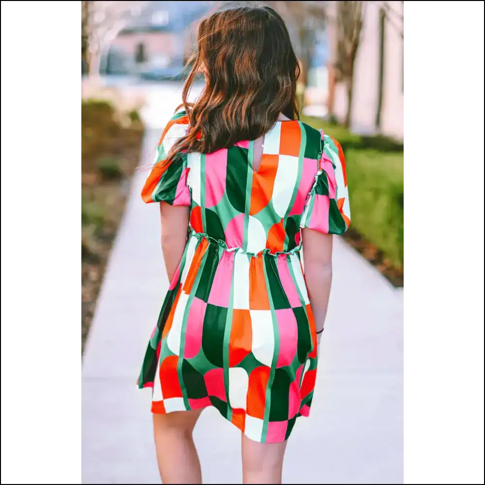 Green Abstract Puff Sleeve Short Dress: Runway Ready 😈 - Dresses on Sale Worldwide Shipping