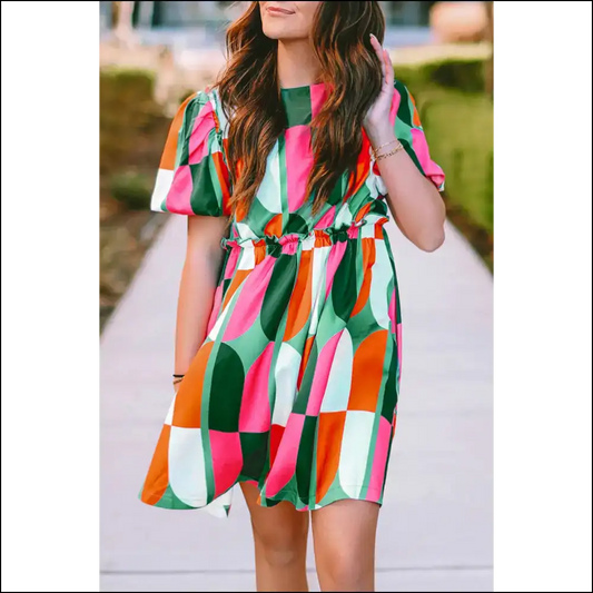 Green Abstract Puff Sleeve Short Dress: Runway Ready 😈 - s - Dresses on Sale Worldwide Shipping