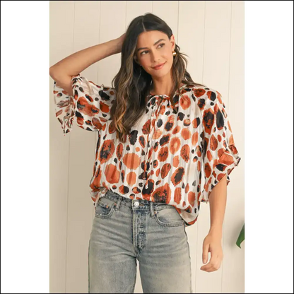 Green Abstract Ruffle: Goddess Chic Blouse 💚 Tie Neck! Needful Things - Brown / s - Blouses on Sale Worldwide Shipping