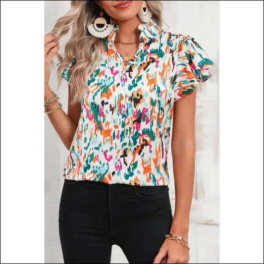 Green Abstract Ruffle Sleeve Blouse: Brunch Boss 😜 - s - Blouses on Sale Worldwide Shipping