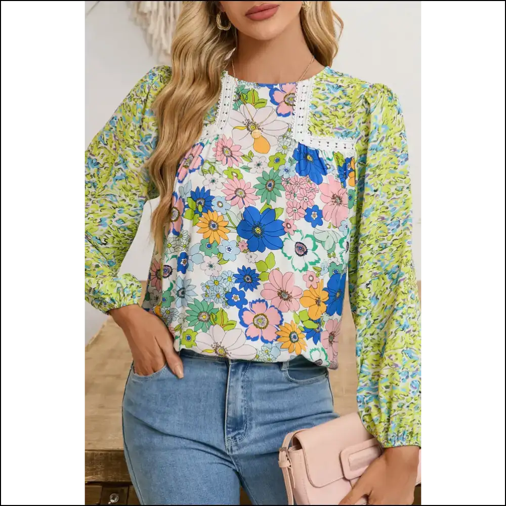Green Bubble Sleeve Floral Blouse: from Drab to Fab! 💚 Needful Things - s - Blouses on Sale Worldwide Shipping