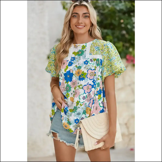 Green Bubble Sleeve Floral Blouse so Fancy it Burped Flowers - s - Blouses on Sale Worldwide Shipping