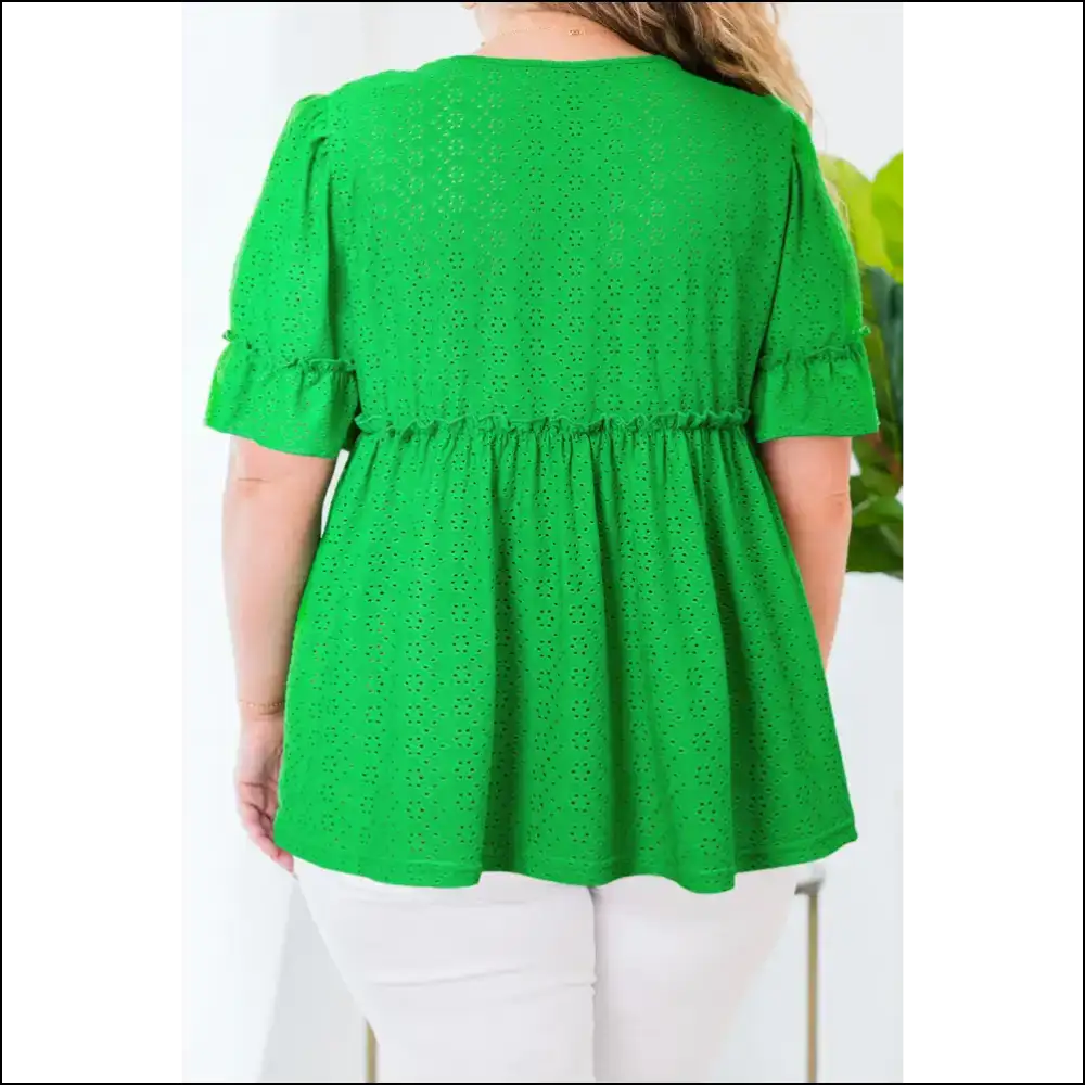 Green Embroidered Eyelet: Babydoll Blouse Bliss for Curves! 💚 Needful Things - Plus Size Tops on Sale Worldwide Shipping