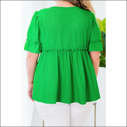 Green Embroidered Eyelet: Babydoll Blouse Bliss for Curves! 💚 Needful Things - Plus Size Tops on Sale Worldwide Shipping