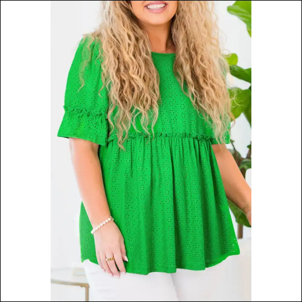 Green Embroidered Eyelet: Babydoll Blouse Bliss for Curves! 💚 Needful Things - 1x - Plus Size Tops on Sale Worldwide Shipping
