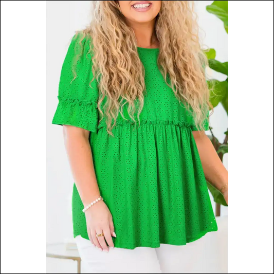Green Embroidered Eyelet: Babydoll Blouse Bliss for Curves! 💚 Needful Things - 1x - Plus Size Tops on Sale Worldwide Shipping