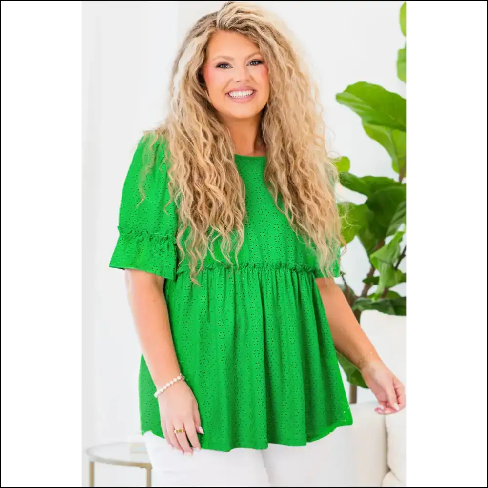 Green Embroidered Eyelet: Babydoll Blouse Bliss for Curves! 💚 Needful Things - Plus Size Tops on Sale Worldwide Shipping